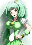  big_hair breasts choker cure_march dress green green_choker green_eyes green_hair green_skirt impossible_clothes impossible_shirt large_breasts long_hair magical_girl midorikawa_nao miyashiro_ryuutarou open_mouth ponytail precure shirt skirt smile smile_precure! solo standing tiara white_background 