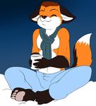  anthro canine coffee drink eyes_closed fox fox_tail male mammal scarf skidd solo topless 
