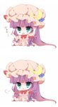  :3 aqua_eyes arms_up bad_id bad_pixiv_id bow capelet chibi crescent dress fang hair_ribbon hat heavy_breathing long_hair open_mouth patchouli_knowledge pink_dress purple_hair ribbon sitting solo touhou translated very_long_hair yuki_miya 