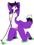  bdsm blue_eyes bondage bound breasts canine clothed clothing female fox fur hair hizzie leash looking_at_viewer mammal nipples panties piercing pinup plain_background pose purple_fur purple_hair rope skimpy solo topless underwear white_background 