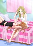  adjusting_hair armpits barefoot bed blue_eyes braid brown_hair commentary_request feet green_eyes highres houjou_hibiki long_hair lying midriff minamino_kanade multiple_girls navel on_back on_bed ooshima_tomo pillow precure shorts sitting suite_precure tank_top toes 