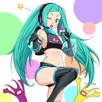  aqua_eyes aqua_hair beelzebub_yuuichi cosplay crop_top detached_sleeves elbow_gloves gloves hatsune_miku headset leg_lift long_hair microphone midriff morolian navel one_eye_closed open_mouth parody project_diva project_diva_(series) see-through short_shorts shorts solo space_channel_5 star thighhighs twintails ulala ulala_(cosplay) very_long_hair vocaloid 