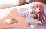  ass bare_legs barefoot bed brown_eyes dress_shirt feet highres imouto_no_katachi long_hair long_legs looking_at_viewer lying mutou_kurihito no_pants object_hug on_bed on_stomach panties parted_lips pillow pink_hair sena_miyuki shirt solo stuffed_toy sunlight toes underwear wallpaper white_panties 