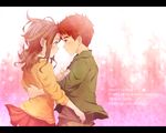  1girl brown_eyes brown_hair couple digimon digimon_adventure eye_contact face-to-face hetero holding_hands hug izumi_koushirou letterboxed long_hair looking_at_another mimxxpk orange_shirt red_eyes red_hair shirt short_hair smile tachikawa_mimi 