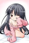  akou_roushi arm_support bare_legs bare_shoulders black_hair blush bottomless breasts brown_eyes downblouse houraisan_kaguya long_hair medium_breasts naked_sweater no_pants one_eye_closed ribbed_sweater rubbing_eyes sleepy sleeves_past_wrists solo sweater tears touhou very_long_hair wavy_mouth 