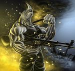  amazing biceps clothing drooling fire gun horn light_machine_gun m60 male muscles pants pecs ranged_weapon rhinoceros saliva shirt solo strap teeth weapon 