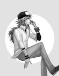  baseball_cap bracelet greyscale hat holding holding_poke_ball jewelry k-rei kiss long_hair male_focus monochrome n_(pokemon) object_kiss poke_ball pokemon pokemon_(game) pokemon_bw ponytail sitting solo 