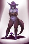  female hair horn looking_down mistresssparkles nipples nude purple_hair pussy sad simple_background solo standing 