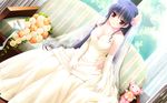  3: bare_shoulders blue_hair blush bouquet breasts cleavage couch dress dutch_angle elbow_gloves flower gloves hair_flower hair_ornament highres kanekiyo_miwa long_hair medium_breasts natsu_no_ame red_eyes segawa_rikako sitting solo stuffed_animal stuffed_toy veil very_long_hair wallpaper wedding_dress window 