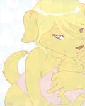  blonde_hair breasts canine chest_ruff chest_tuft clothed clothing covering dog female fur gold green_eyes hair hush-a-bye mammal pink plain_background skimpy solo towel tuft white_background yellow_theme 