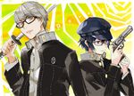  1girl androgynous bad_id bad_pixiv_id bangs blue_hair cabbie_hat copyright_name crossdressing glasses grey_hair gun handgun hat jacket lips looking_at_viewer narukami_yuu open_mouth persona persona_4 reverse_trap revolver serious shirogane_naoto short_hair smile sword weapon yoshida_morohe 