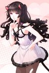  aile_(crossroads) animal_ears armpits bangs bare_shoulders black_hair black_legwear blouse blunt_bangs bow cat_ears cat_tail drill_hair finger_to_mouth hand_on_hip long_hair lowres pantyhose red_eyes ribbon smile solo sword_girls tail torn_clothes torn_legwear 