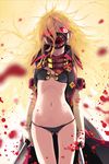  bare_legs bikini blonde_hair blood cape cleaver elbow_gloves flat_chest gloves glowing glowing_eyes gs_6th_star holding lena_(zoal) long_hair lowres mask midriff navel red_eyes solo standing swimsuit sword_girls uvula 