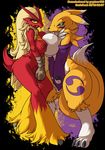  avian big_breasts blaziken blue_eyes breast_squish breasts canine digimon duo elbow_gloves female fox gloves gryphon489 lesbian looking_at_viewer mammal nintendo nipples nude pok&#233;mon renamon sonikkudashu video_games wide_hips 