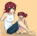  amputee artist_request bare_shoulders barefoot child dress green_eyes if_they_mated katawa_shoujo mother_and_daughter multiple_girls older pink_dress red_hair short_twintails shorts tank_top tezuka_rin twintails 
