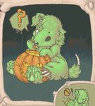 bone canine chibi cute dialogue eating fur green green_fur hush-a-bye mammal missing_eye pumpkin roadkill solo undead zombie 
