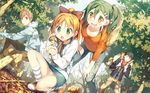  2girls :d :o =_= backpack bag black_hair brown_hair casual denim drooling enomoto_kaho forest green_eyes green_hair hair_ornament hairclip hand_on_own_knee highres hirosaki_hibiki hood hoodie jeans kantoku kneehighs minagawa_yuuhi multiple_boys multiple_girls mushroom nature open_mouth panties pants pantyshot ponytail saliva scarf sexually_suggestive shoes side_ponytail smile sneakers striped striped_legwear sweat tree underwear wallpaper white_panties wide_ponytail yellow_eyes your_diary 