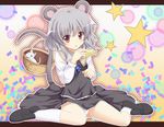  animal_ears basket blush cheese food francis_de_lariatte grey_hair groin jewelry looking_at_viewer mouse mouse_ears mouse_tail nazrin panties pantyshot pantyshot_(sitting) pendant red_eyes short_hair sitting solo star tail tail_hold touhou underwear wariza white_legwear white_panties 