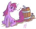  &lt;3 alcohol atryl barrel berry_punch_(mlp) beverage bottle cutie_mark drinking drunk equine female feral friendship_is_magic hair hooves horse jug keg mammal my_little_pony plain_background pony purple_hair sitting solo white_background 