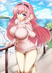  adjusting_hair blue_eyes breasts cloud day huge_breasts impossible_clothes lens_flare long_hair long_skirt megurine_luka pink_hair railing ribbed_sweater skirt sky solo sweater town vocaloid watanuki_kaname water 