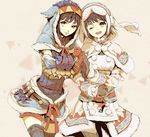  armor arzuros_(armor) black_hair gauntlets gloves hood hoodie izumi_(nagashi) lagombi_(armor) monster_hunter monster_hunter_portable_3rd multiple_girls one_eye_closed thighhighs 