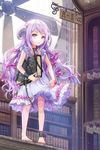  amrita barefoot book choker cuffs dress endos fan frilled_dress frills frown goat_horns hair_ribbon holding horns layered_dress lock long_hair lowres purple_hair red_eyes ribbon shackles shelf sign skirt_hold sleeveless solo standing sword_girls 