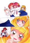  blonde_hair blush chopsticks closed_eyes hairband hino_akane_(smile_precure!) hoshizora_miyuki hug hug_from_behind imagining kise_yayoi multiple_girls nanairogaoka_middle_school_uniform necktie pink_hair pink_neckwear ponytail precure red_hair school_uniform sleeves_rolled_up smile smile_precure! tima white_background white_hairband yellow_eyes yuri 