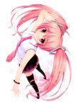  alternate_color alternate_hair_color azure_(capriccio) black_footwear boots bracelet from_above hatsune_miku jewelry long_hair looking_up pink_eyes pink_hair sakura_miku skirt smile solo thighhighs twintails very_long_hair vocaloid zettai_ryouiki 