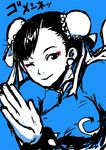 black_hair bracelet bun_cover china_dress chinese_clothes chun-li double_bun dress earrings eyeshadow flat_color jewelry makeup one_eye_closed riry solo spiked_bracelet spikes street_fighter translated 
