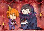  ^_^ animal_print bad_id bad_pixiv_id blood cake caster_(fate/zero) chibi closed_eyes fate/zero fate_(series) food gift hat highres intestines kinokogurata leopard_print male_focus monster multiple_boys orange_hair party_hat tentacles uryuu_ryuunosuke 