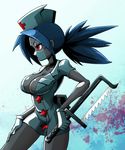  bad_id bad_pixiv_id blue_hair breasts choker cleavage dress gloves large_breasts maruwa nurse saw short_dress skullgirls solo valentine_(skullgirls) weapon 