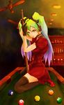  ball billiards ceiling_fan cue_ball cue_stick dress gloves gradient_hair green_eyes green_hair haku_b97531 hatsune_miku headphones long_hair multicolored_hair on_table pool_table solo table thighhighs twintails vocaloid 