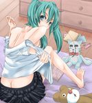  aqua_eyes aqua_hair back barefoot book butt_crack from_behind hatsune_miku long_hair looking_back sitting skirt sleeves_folded_up sleeves_pushed_up solo stuffed_animal stuffed_toy t_shatsu twintails undressing vocaloid wooden_floor 