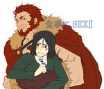  armor bad_id bad_pixiv_id bangs beard black_eyes black_hair cape facial_hair fate/zero fate_(series) kyouko_(roughplus) male_focus multiple_boys necktie parted_bangs red_eyes red_hair rider_(fate/zero) waver_velvet 