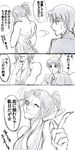  1girl bad_id bad_pixiv_id blush breasts caster_(fate/zero) cleavage comic dress eyelashes fate/zero fate_(series) finger_to_mouth genderswap greyscale kanokura large_breasts monochrome one_eye_closed pointing ponytail school_uniform short_ponytail sparkle translation_request uryuu_ryuunosuke 