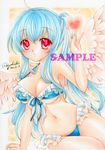  2012 ahoge arm_support bikini bird_wings blue_hair blush breasts dated frilled_bikini frills front-tie_bikini front-tie_top heart long_hair looking_at_viewer marker_(medium) medium_breasts mocomoco_party original parted_lips red_eyes sample signature solo swimsuit traditional_media twintails wings 