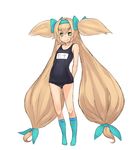  blazblue blonde_hair chiwino long_hair looking_at_viewer low-tied_long_hair one-piece_swimsuit platinum_the_trinity quad_tails school_swimsuit socks swimsuit very_long_hair yellow_eyes 
