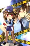  artist_request badge braid brown_hair caution_tape dress_shirt e-roma hat keep_out long_hair lowres multiple_girls necktie police police_uniform red_eyes shirt shoes sword_girls thighhighs uniform whistle 