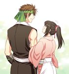  1girl arm_grab blush brown_hair couple from_behind hakuouki_shinsengumi_kitan headband hetero hitomi_aki japanese_clothes long_hair nagakura_shinpachi ponytail short_hair smile yukimura_chizuru 