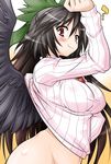  ? akou_roushi alternate_costume ass black_hair black_wings blush bottomless bow breasts commentary curvy groin hair_bow large_breasts long_hair looking_at_viewer naked_sweater navel out-of-frame_censoring red_eyes reiuji_utsuho ribbed_sweater smile solo sweater touhou wings you're_doing_it_wrong 