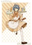  :o apomapoko apron blue_hair bow cake copyright_name crossdressing drink food hatoful_kareshi headdress kawara_ryouta leg_up maid male_focus open_mouth orange_eyes personification solo thighhighs tray white_legwear 