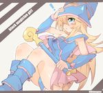  armpits bare_shoulders blonde_hair blue_eyes blue_footwear blush_stickers boots breasts character_name cleavage dark_magician_girl detached_sleeves duel_monster hat hibimegane large_breasts long_hair miniskirt pentacle skirt solo yuu-gi-ou yuu-gi-ou_duel_monsters 