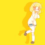  blush cardigan hairband karaagetarou kise_yayoi kneehighs loafers nanairogaoka_middle_school_uniform precure school_uniform shoes shy skirt smile_precure! solo standing standing_on_one_leg tears wavy_mouth white_hairband yellow yellow_background 