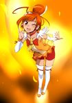  ;d ahoge bike_shorts boots choker cure_sunny detached_sleeves eyelashes ez6 fiery_background fire hino_akane_(smile_precure!) looking_at_viewer magical_girl miniskirt one_eye_closed open_mouth orange_(color) orange_background orange_choker orange_skirt precure red_eyes red_hair red_shorts shorts shorts_under_skirt skirt smile smile_precure! solo thigh_boots thighhighs tiara 