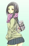  bag bag_charm black_hair brown_eyes charm_(object) checkered checkered_skirt hands_in_pockets long_hair looking_back original pleated_skirt riry scarf skirt skull_print solo 