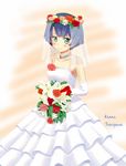  ano_natsu_de_matteru aqua_eyes blue_hair blush bouquet bridal_veil bride carnation dress elbow_gloves flower gloves hair_ornament looking_at_viewer short_hair simple_background smile solo taichi720air tanigawa_kanna veil wedding_dress 