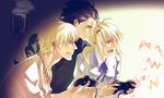  2boys ahoge artoria_pendragon_(all) black_hair blonde_hair casual coffee controller fate/zero fate_(series) game_controller gilgamesh green_eyes jewelry lancer_(fate/zero) long_hair multiple_boys necklace playing_games ponytail red_eyes ribbon saber sodawhite video_game yellow_eyes 