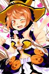  bare_shoulders blush breasts cleavage cookilord6 fang flower hat heart jack-o'-lantern large_breasts lowres open_mouth orange_hair outstretched_arm parfunte short_hair solo sword_girls witch witch_hat 