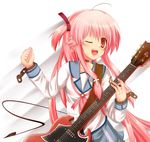  ;d angel_beats! chain electric_guitar guitar instrument kakeru_(arelgia) long_hair one_eye_closed open_mouth pink_eyes pink_hair plectrum school_uniform serafuku shinda_sekai_sensen_uniform smile solo sweat two_side_up yui_(angel_beats!) 