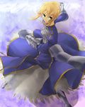  ahoge armor armored_dress artoria_pendragon_(all) asagi-so bad_id bad_pixiv_id blonde_hair dress fate/zero fate_(series) faulds gauntlets greaves green_eyes hair_ribbon invisible_air ribbon saber solo sword weapon 